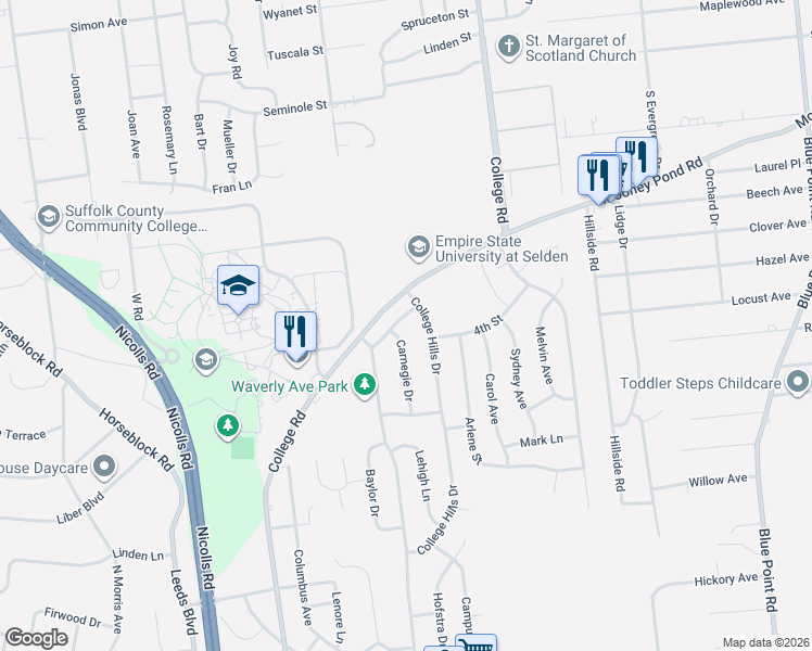 map of restaurants, bars, coffee shops, grocery stores, and more near 23 Carnegie Drive in Farmingville