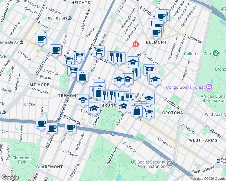 map of restaurants, bars, coffee shops, grocery stores, and more near 2015 Monterey Avenue in The Bronx