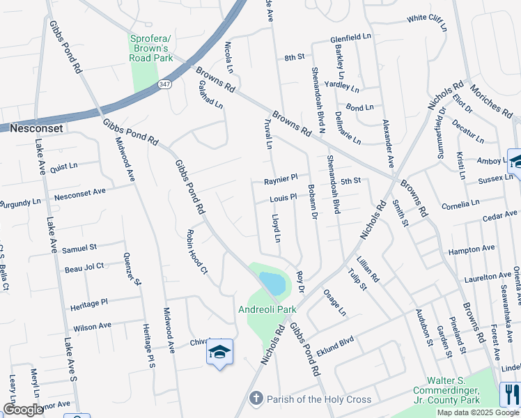 map of restaurants, bars, coffee shops, grocery stores, and more near 45 Roy Drive in Nesconset