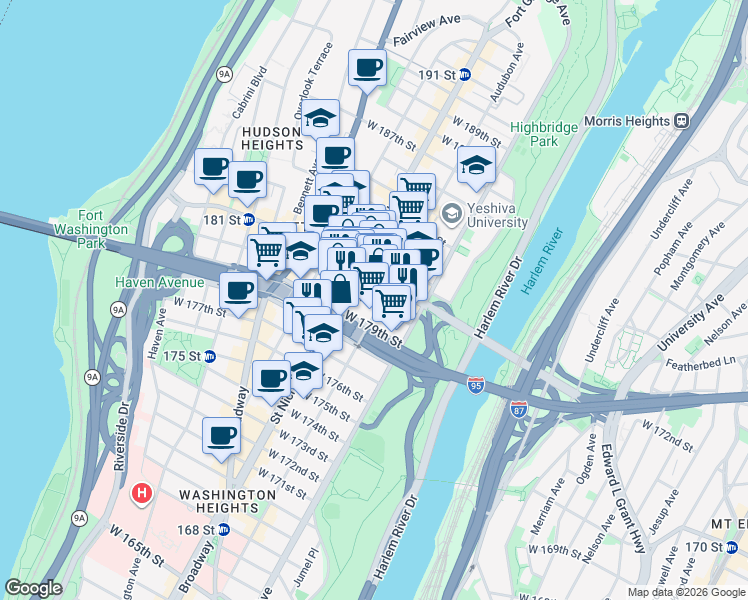 map of restaurants, bars, coffee shops, grocery stores, and more near 543 West 180th Street in New York
