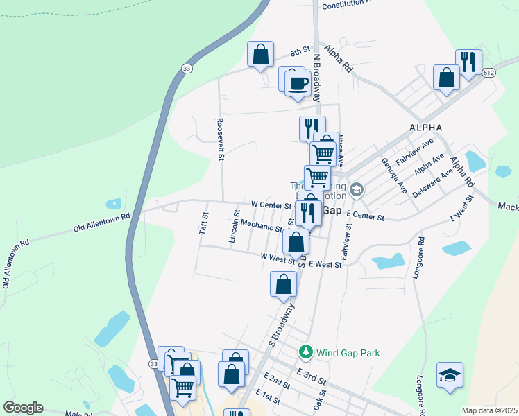 map of restaurants, bars, coffee shops, grocery stores, and more near 225 West Center Street in Wind Gap