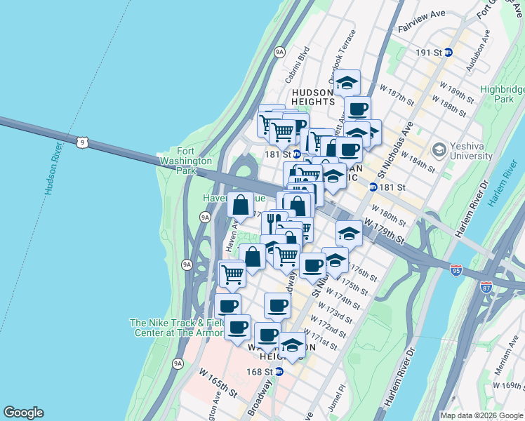 map of restaurants, bars, coffee shops, grocery stores, and more near 2 Pinehurst Avenue in New York