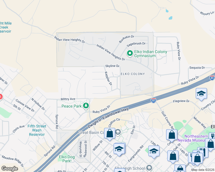 map of restaurants, bars, coffee shops, grocery stores, and more near 235 Keppler Drive in Elko