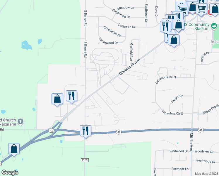 map of restaurants, bars, coffee shops, grocery stores, and more near 2041 Claremont Avenue in Ashland