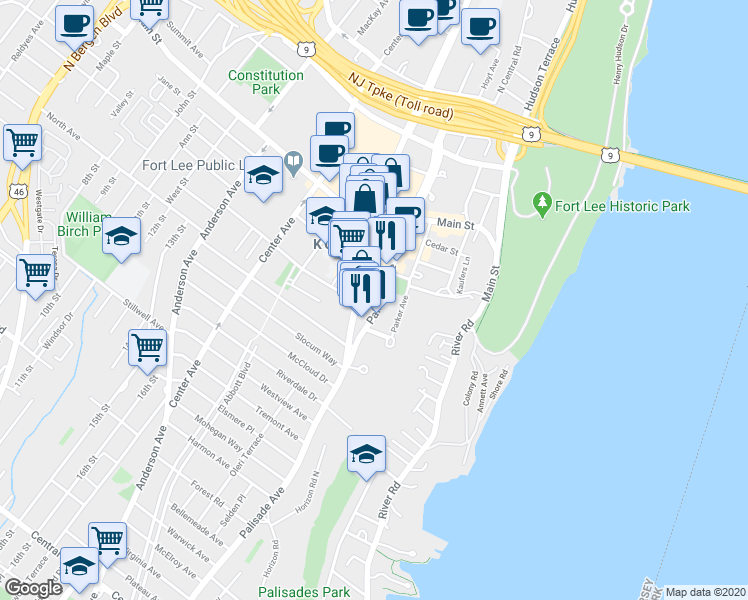 map of restaurants, bars, coffee shops, grocery stores, and more near 1575 Palisade Avenue in Fort Lee