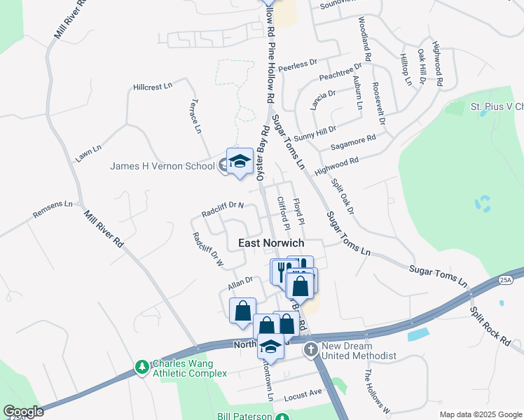 map of restaurants, bars, coffee shops, grocery stores, and more near 102 Radcliff Drive East in East Norwich