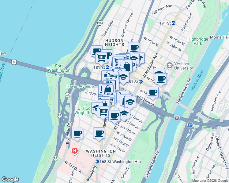 map of restaurants, bars, coffee shops, grocery stores, and more near West 178th Street in New York