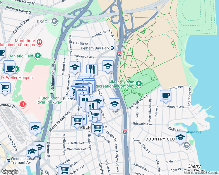 map of restaurants, bars, coffee shops, grocery stores, and more near 1750 Parkview Avenue in Bronx