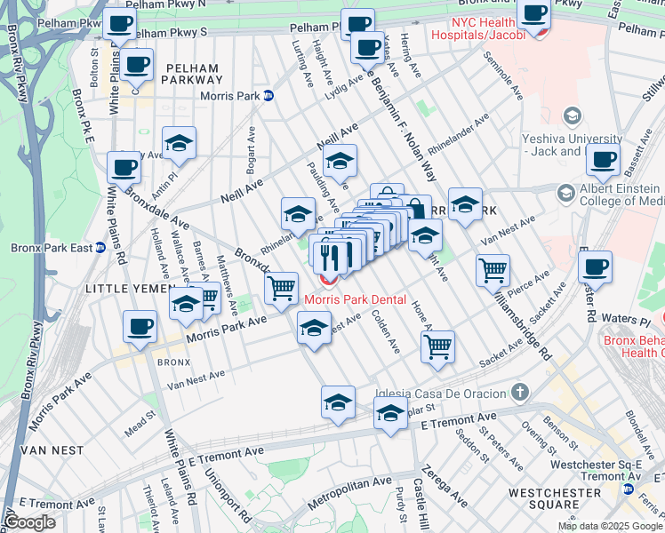 map of restaurants, bars, coffee shops, grocery stores, and more near 959 Morris Park Avenue in The Bronx