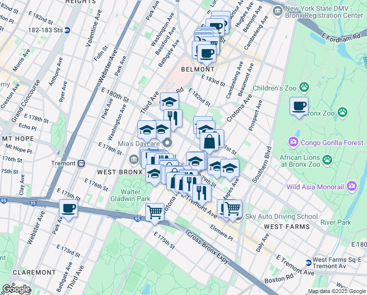 map of restaurants, bars, coffee shops, grocery stores, and more near 2072 Belmont Avenue in Bronx