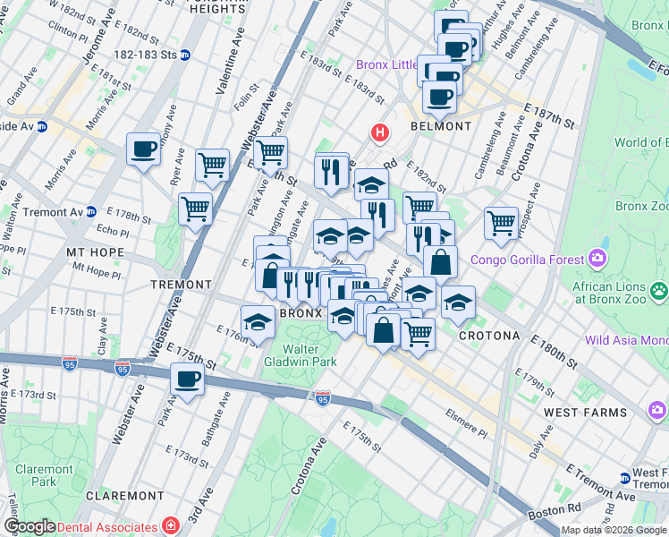 map of restaurants, bars, coffee shops, grocery stores, and more near 2026 Lafontaine Avenue in Bronx