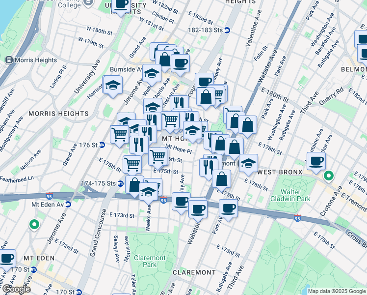 map of restaurants, bars, coffee shops, grocery stores, and more near 232 Mount Hope Place in Bronx