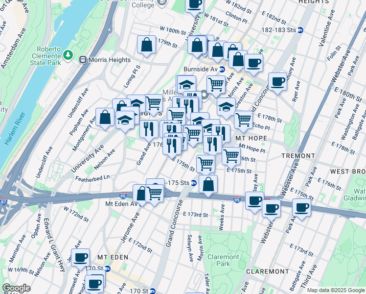 map of restaurants, bars, coffee shops, grocery stores, and more near in The Bronx