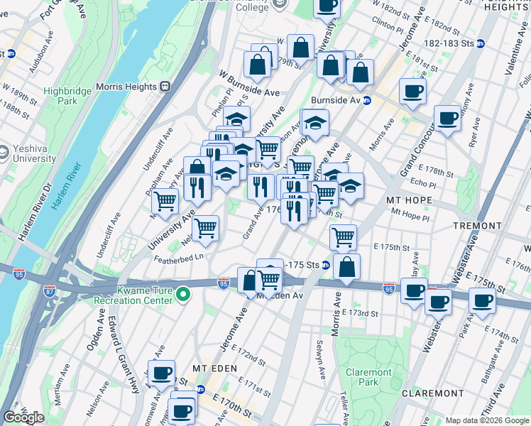 map of restaurants, bars, coffee shops, grocery stores, and more near in The Bronx