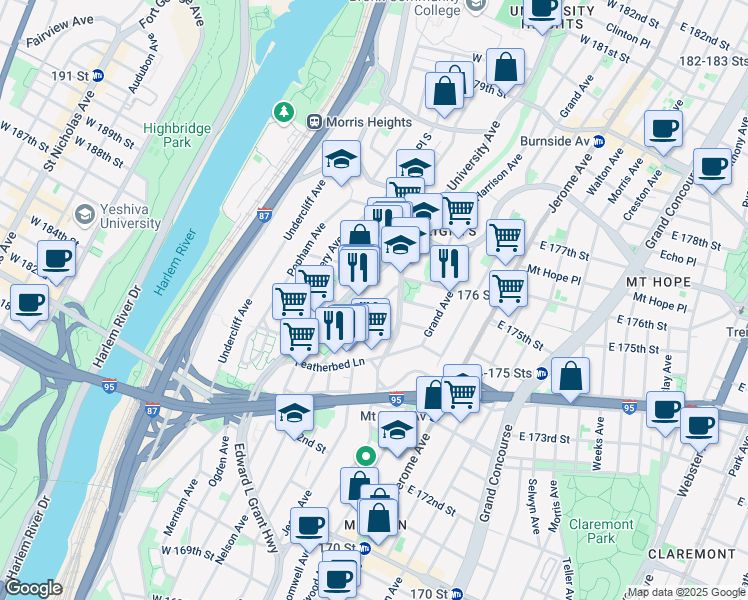 map of restaurants, bars, coffee shops, grocery stores, and more near 1696 Nelson Avenue in Bronx