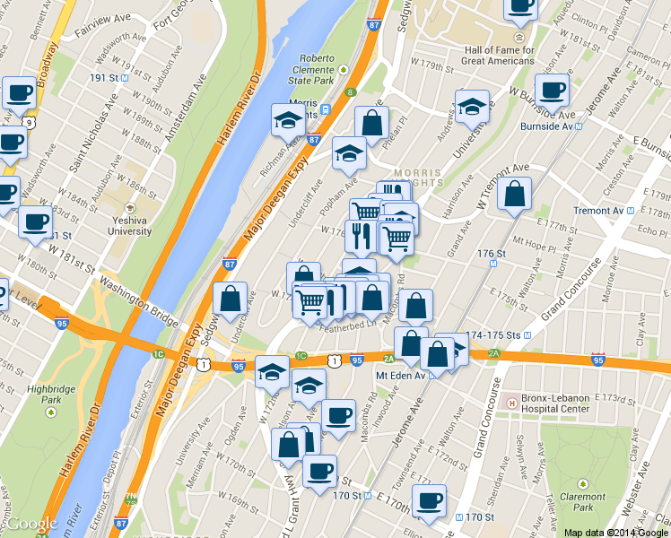 map of restaurants, bars, coffee shops, grocery stores, and more near in The Bronx