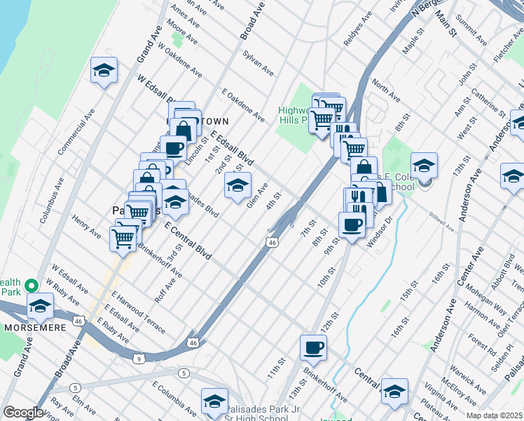 map of restaurants, bars, coffee shops, grocery stores, and more near 432 4th Street in Palisades Park