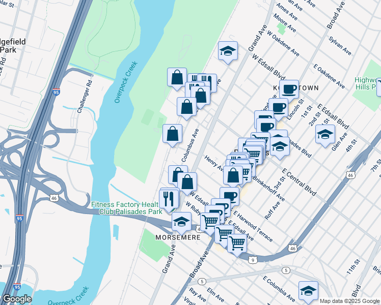 map of restaurants, bars, coffee shops, grocery stores, and more near 139 Columbus Avenue in Palisades Park