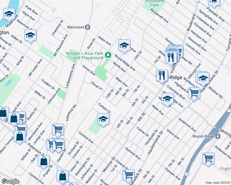 map of restaurants, bars, coffee shops, grocery stores, and more near 326 Union Avenue in Wood-Ridge