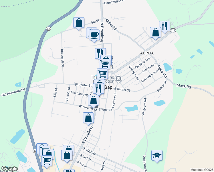 map of restaurants, bars, coffee shops, grocery stores, and more near in Wind Gap