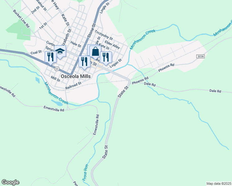 map of restaurants, bars, coffee shops, grocery stores, and more near 2229 State Street in Osceola Mills
