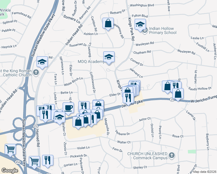 map of restaurants, bars, coffee shops, grocery stores, and more near 2 Crabapple Lane in Commack