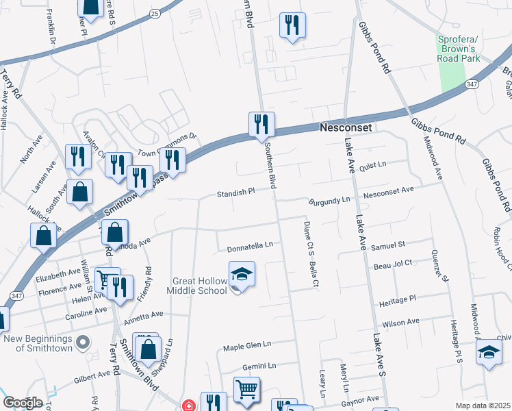 map of restaurants, bars, coffee shops, grocery stores, and more near 106 A Southern Boulevard in Nesconset