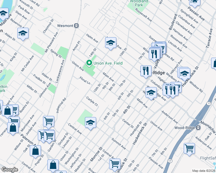 map of restaurants, bars, coffee shops, grocery stores, and more near 326 Union Avenue in Wood-Ridge