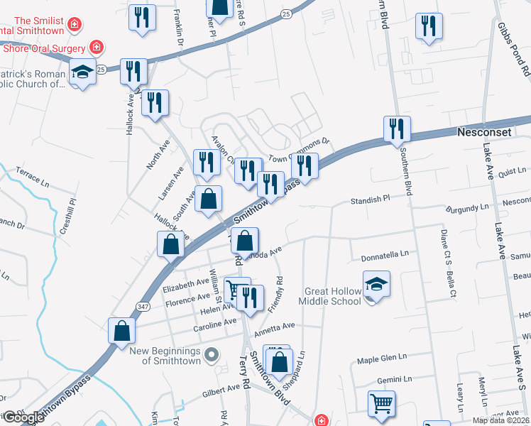 map of restaurants, bars, coffee shops, grocery stores, and more near 719 Smithtown Bypass in Smithtown