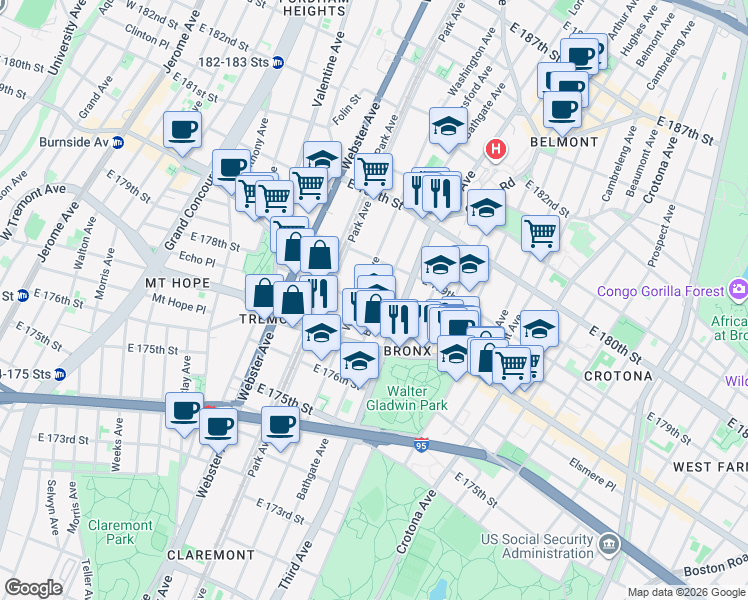 map of restaurants, bars, coffee shops, grocery stores, and more near in The Bronx