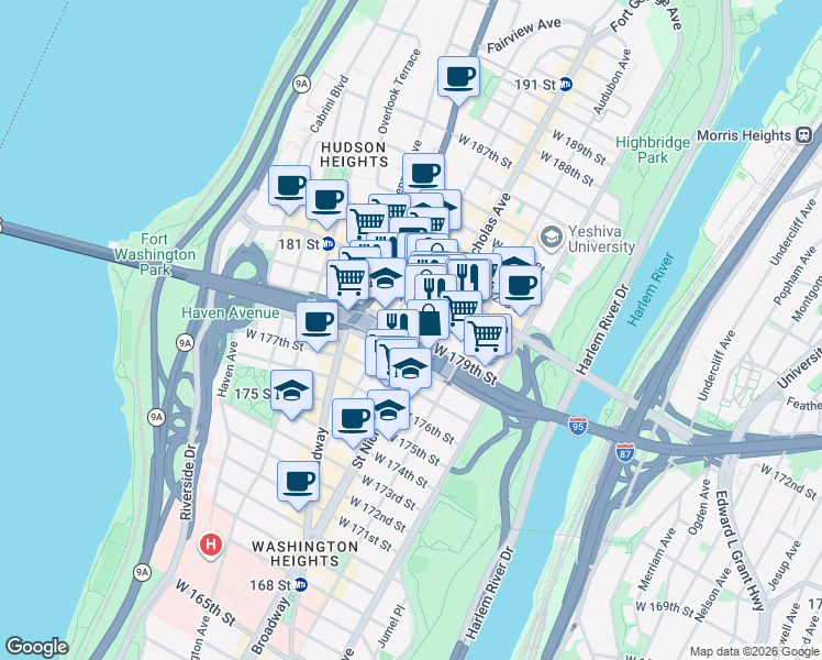 map of restaurants, bars, coffee shops, grocery stores, and more near in New York