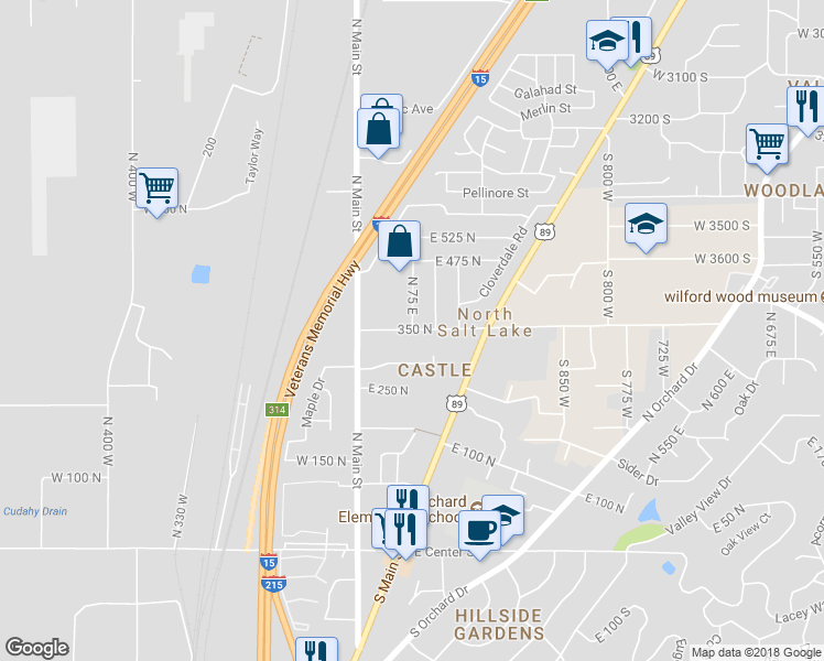 map of restaurants, bars, coffee shops, grocery stores, and more near 76 East 350 North in North Salt Lake
