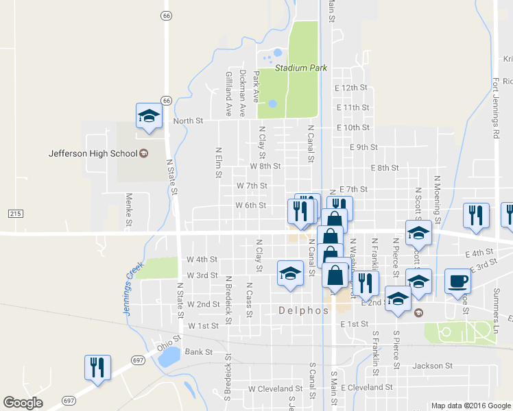 map of restaurants, bars, coffee shops, grocery stores, and more near 417 West 6th Street in Delphos