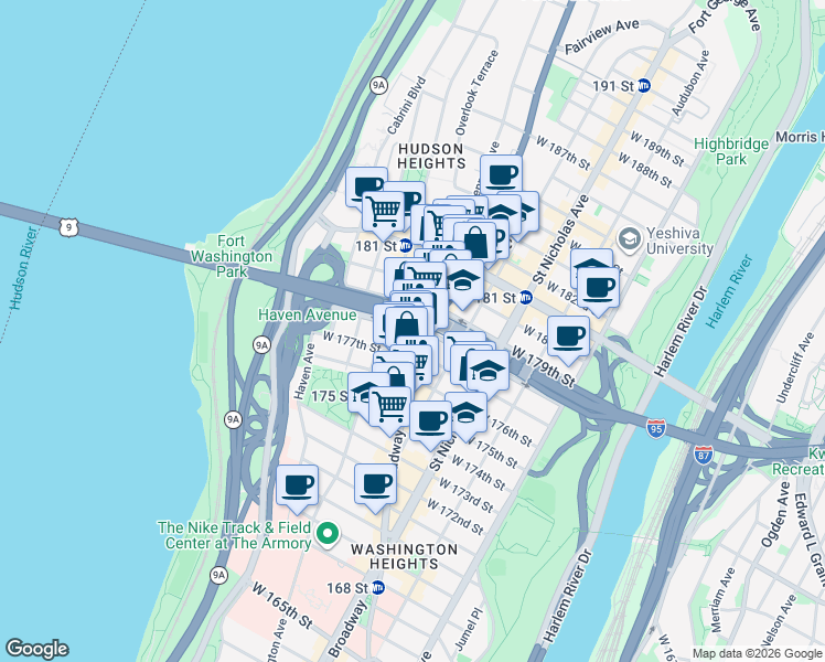 map of restaurants, bars, coffee shops, grocery stores, and more near 700 West 178th Street in New York