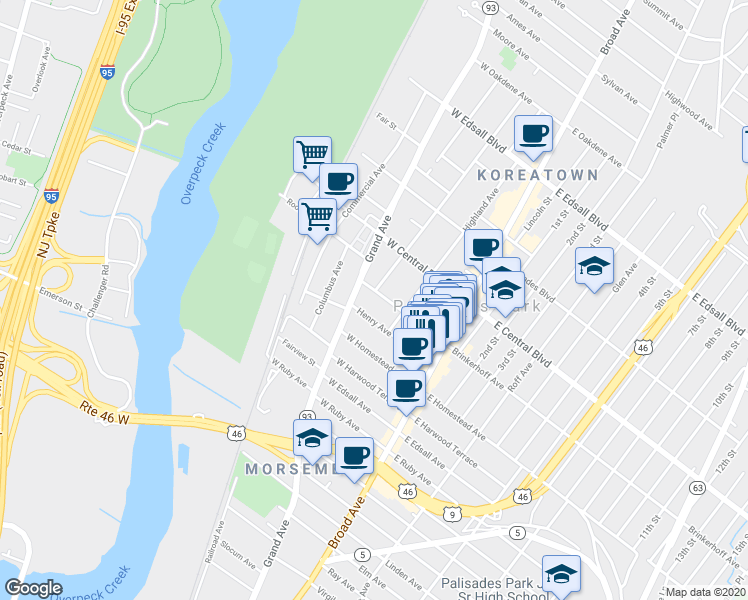 map of restaurants, bars, coffee shops, grocery stores, and more near 76 Brinkerhoff Terrace in Palisades Park