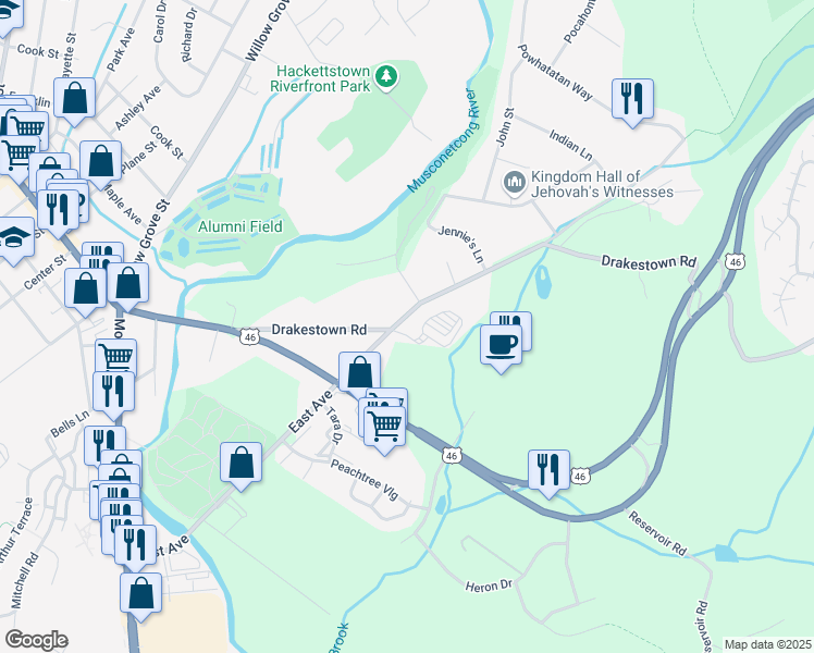 map of restaurants, bars, coffee shops, grocery stores, and more near 31 Drakestown Road in Hackettstown