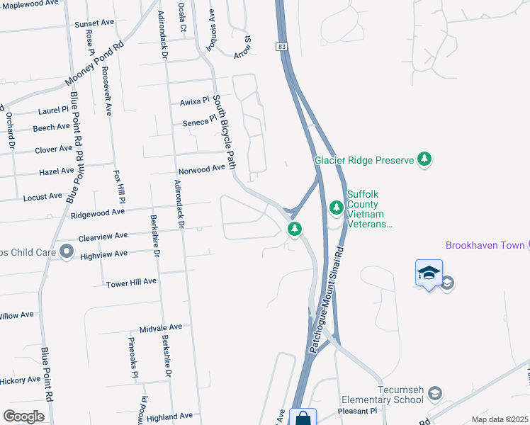 map of restaurants, bars, coffee shops, grocery stores, and more near 102 Overlook Drive in Farmingville