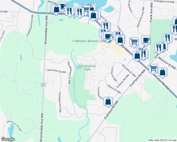 map of restaurants, bars, coffee shops, grocery stores, and more near 4643 South Boulevard Northwest in Canton