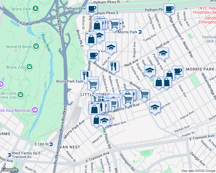 map of restaurants, bars, coffee shops, grocery stores, and more near 1883 Wallace Avenue in Bronx