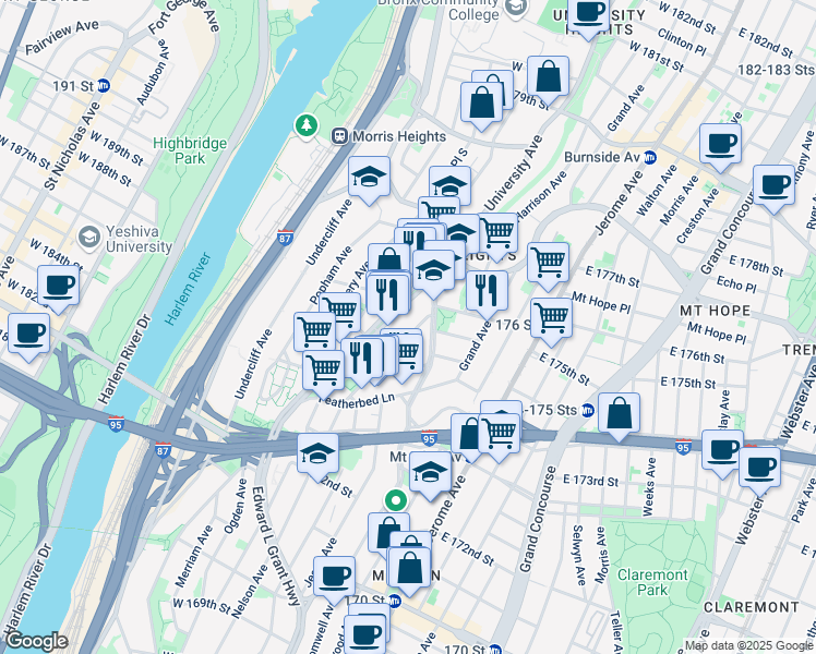 map of restaurants, bars, coffee shops, grocery stores, and more near 1696 Nelson Avenue in Bronx