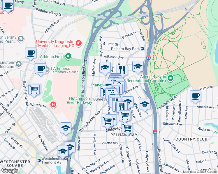 map of restaurants, bars, coffee shops, grocery stores, and more near 1824 Pilgrim Avenue in Bronx