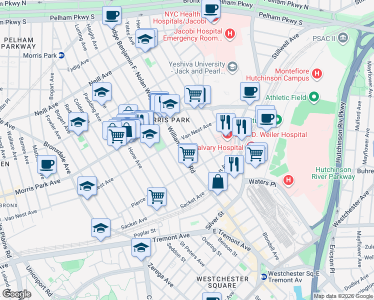 map of restaurants, bars, coffee shops, grocery stores, and more near 1632 Williamsbridge Road in Bronx