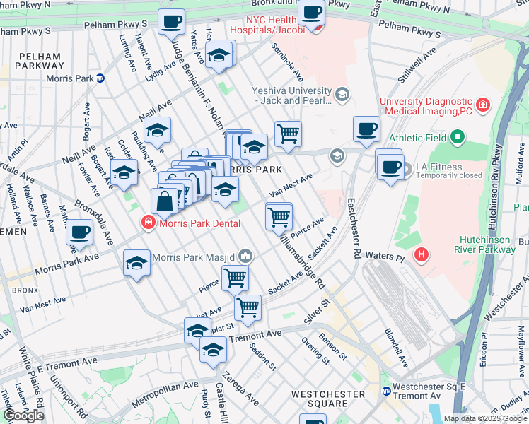 map of restaurants, bars, coffee shops, grocery stores, and more near 1651 Tomlinson Avenue in Bronx