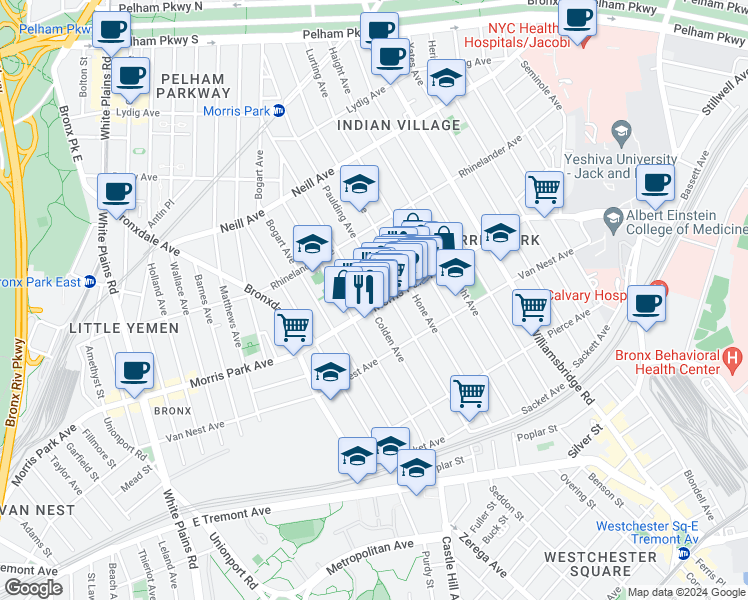map of restaurants, bars, coffee shops, grocery stores, and more near 1731 Paulding Avenue in Bronx