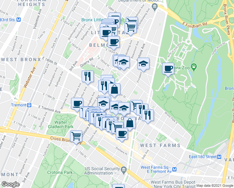 map of restaurants, bars, coffee shops, grocery stores, and more near 738 East 181st Street in Bronx