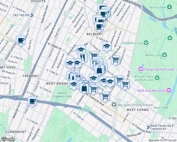 map of restaurants, bars, coffee shops, grocery stores, and more near 2072 Belmont Avenue in Bronx