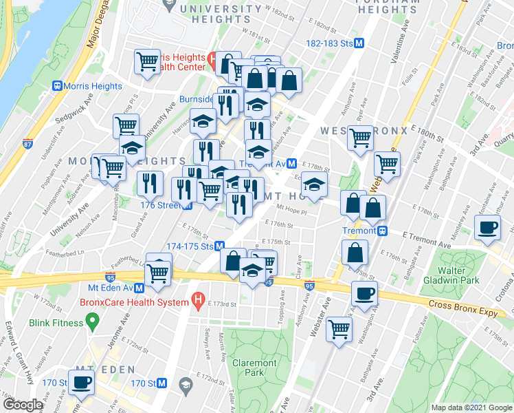 map of restaurants, bars, coffee shops, grocery stores, and more near 149 East 176th Street in Bronx