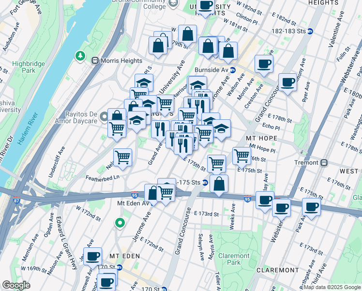 map of restaurants, bars, coffee shops, grocery stores, and more near 1769 Jerome Avenue in Bronx