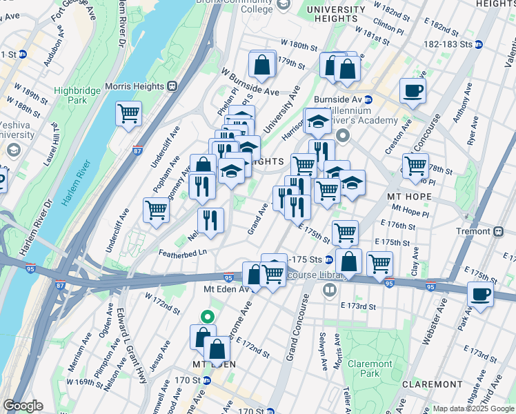 map of restaurants, bars, coffee shops, grocery stores, and more near in The Bronx