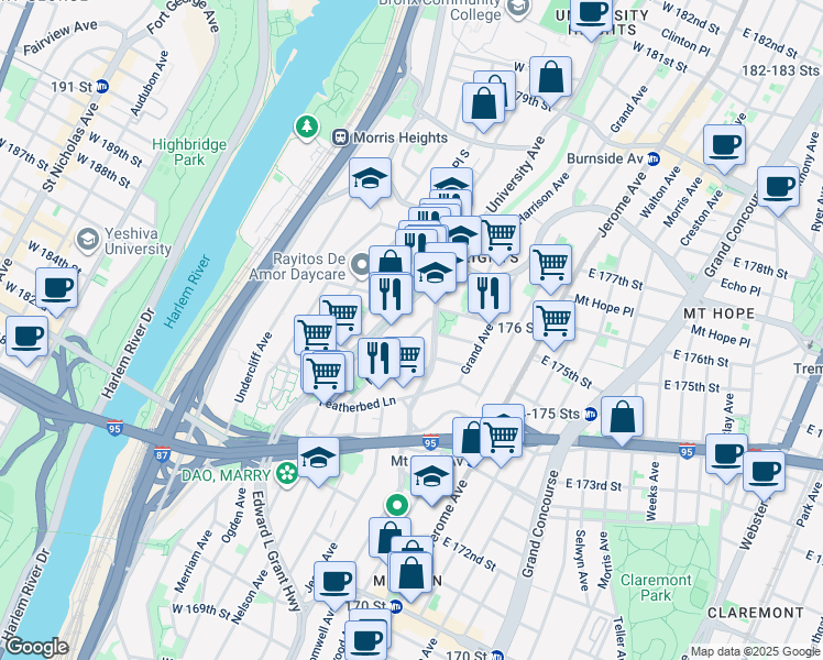 map of restaurants, bars, coffee shops, grocery stores, and more near 1696 Nelson Avenue in Bronx